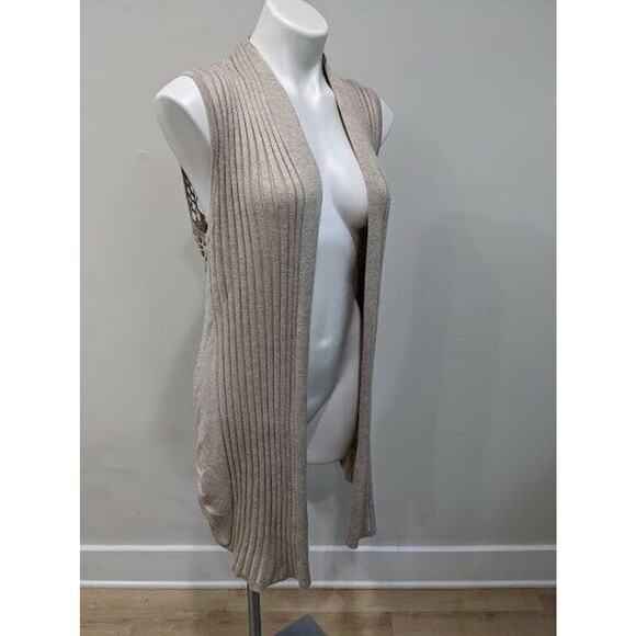 Vida Milano Size Large Sleeveless Cardigan Tan Cotton Blend Ribbed Crochet Boho - Picture 5 of 7
